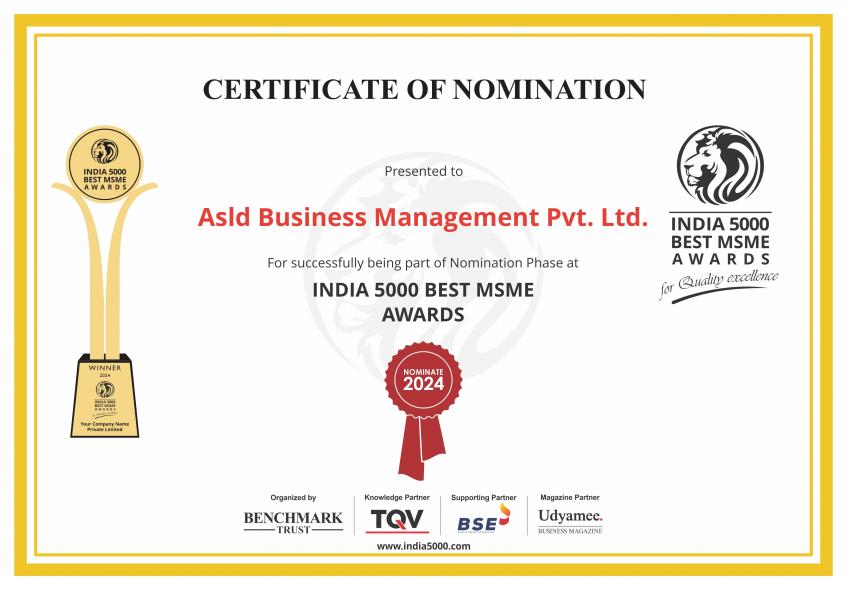 ASLD Certificate of Nomination - India 5000 Best MSME Awards 2024